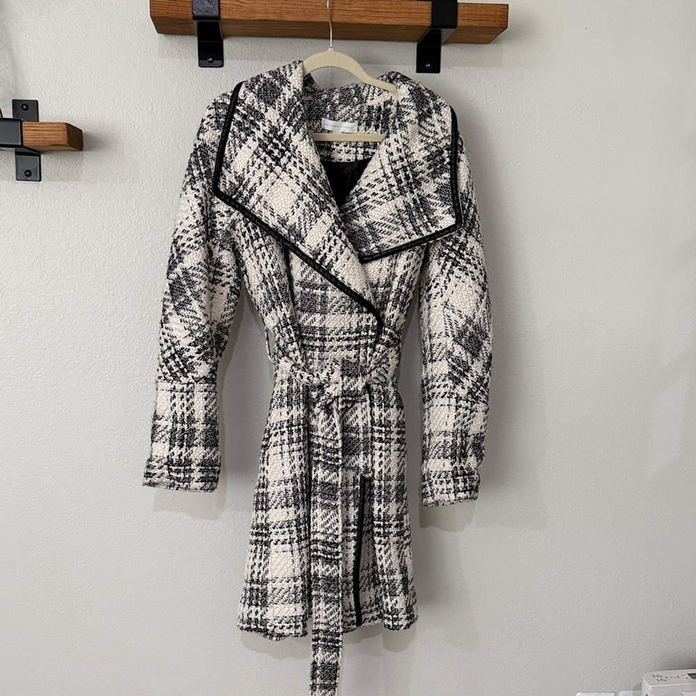 New York & Company Black and White Plaid Belted Peacoat